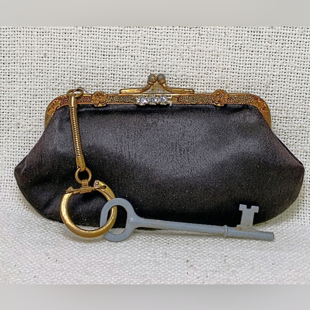 Vintage Coin Purse Keychain Skeleton Key Black Silk Gold Metal Faux Diamonds